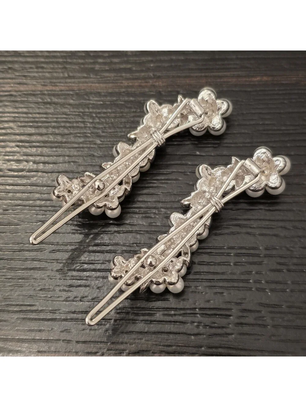 Vintage Faux Pearl Rhinestone Floral French Snap Hair Clips Silver Tone Pair EUC